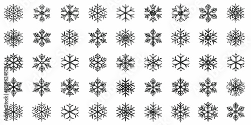 A collection of detailed black and white snowflake illustrations in a grid