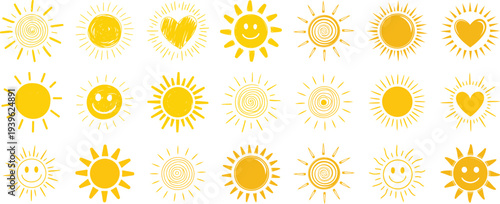 Yellow sun icon set, various styles