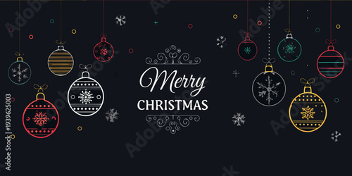 Festive christmas ornaments and hand lettered merry christmas text