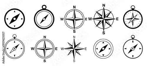 Set of compass and wind rose navigation icons