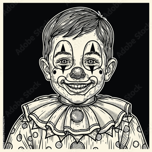 Vintage clown boy portrait with detailed line art and ruffled collar