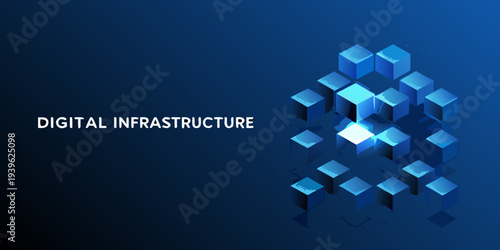 Abstract digital infrastructure concept with glowing blue isometric cubes