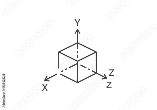 3D cube coordinate system icon with XYZ axes for geometry and design, minimalist vector symbol