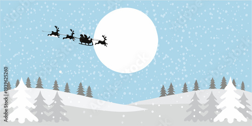 Santa claus and reindeer fly across a winter landscape with a full moon
