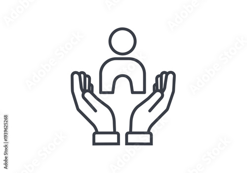 Support and protection hands holding a person symbol for safety and care, minimalist line icon