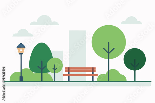 City Park with Bicycle Lanes Benches and Decorative Elements