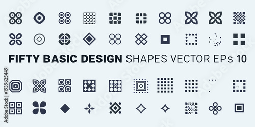 Collection of fifty basic geometric design shapes in a vector format
