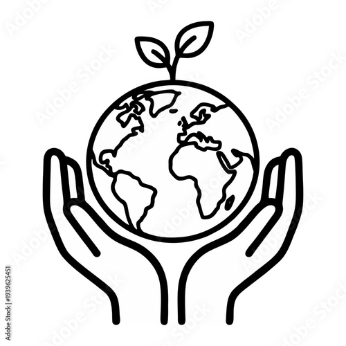 Hands cradling the Earth with a sprouting plant symbolizing growth and care