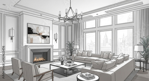 Elegant Living Room with Modern Decor and Large Windows.
