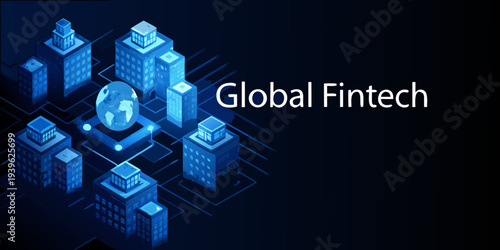 Isometric cityscape representing global fintech connections and digital networks