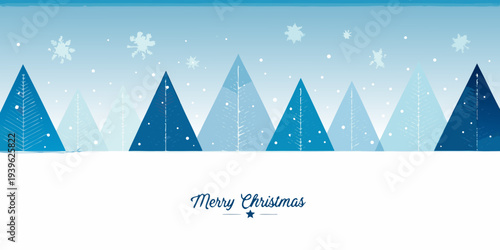 Winter landscape featuring stylized blue trees and falling snowflakes