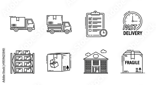 Delivery and Logistics Icons Representing Shipping and Transportation Services.