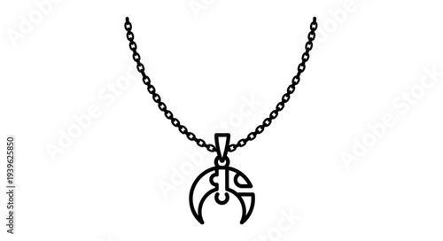 Elegant crescent moon pendant necklace with intricate symbolic design, black and white.