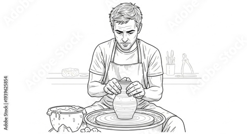 Man intently shaping clay on a pottery wheel, crafting a ceramic vessel with focused precision.