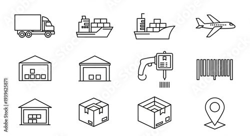 Logistics and transportation icons representing delivery, shipping, and warehousing concepts.