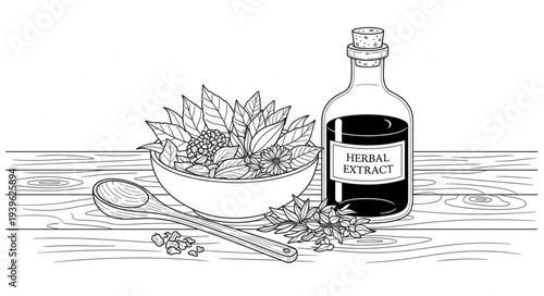 A detailed illustration of a bowl of herbs, a bottle, and a spoon.