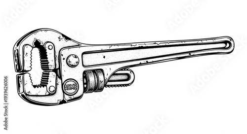 Detailed illustration of a pipe wrench, a tool for plumbing and construction.