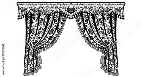 Elegant vintage window curtains with intricate floral patterns and decorative tassels.