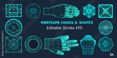 Wireframe hands and geometric shapes displayed in a teal color scheme