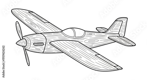 Detailed illustration of a vintage propeller airplane in flight, side view.