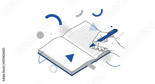  Hand drawing on open book with pen in minimal outline style, creative education and note taking concept vector illustration isolated on light background