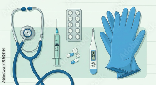 Medical equipment arrangement showcasing stethoscope, syringe, pills, thermometer, and gloves.