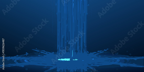Abstract blue waterfall cascading into a dark mysterious underwater scene