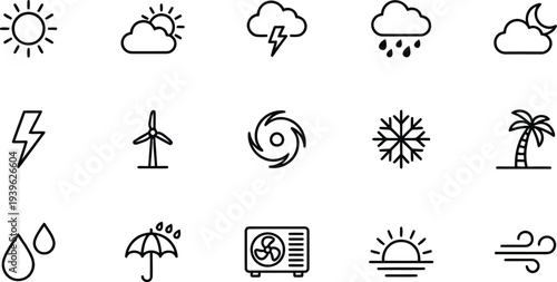 A collection of weather icons on a white background