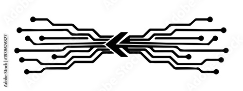 Abstract technology illustration featuring black circuit-board traces the design is symmetrical and horizontal, Flat vector style, high contrast, no gradients, no text.