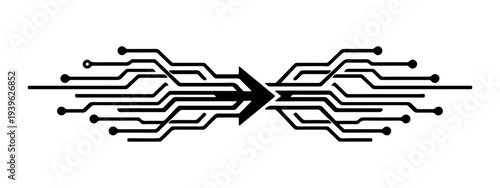 Abstract technology illustration featuring black circuit-board traces the design is symmetrical and horizontal, Flat vector style, high contrast, no gradients, no text.