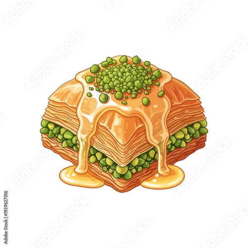 Turkish Baklava Sweet Pastry with Pistachios Flat Vector Illustration Isolated on White Background.
