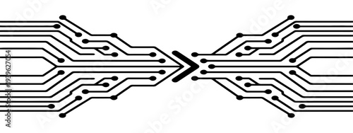Abstract technology illustration featuring black circuit-board traces the design is symmetrical and horizontal, Flat vector style, high contrast, no gradients, no text.