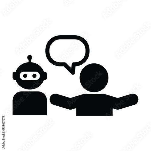 Artificial Intelligence Robot Human Discussion Icon Vector AI Communication Symbol Illustration representing collaboration between AI assistant and human users.