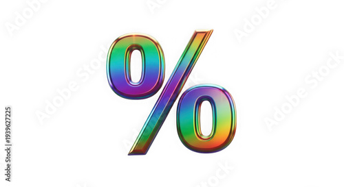 Rainbow percent sign symbol with shiny gradient colors and reflective surface transparent background