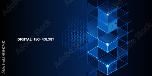 Abstract blue geometric background with digital technology text overlay