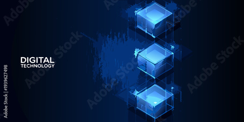Abstract blue geometric cubes with digital technology text background