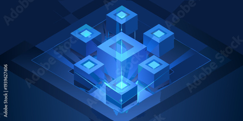 Abstract geometric arrangement of glowing blue cubes in a dark setting
