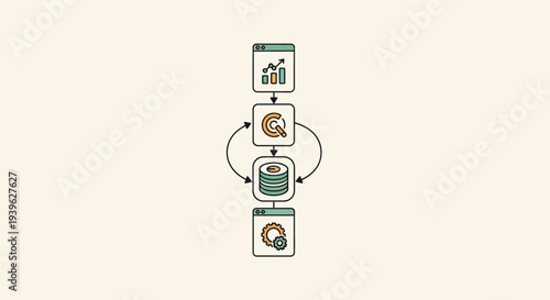 Vector illustration of interconnected icons representing technology and business workflow on a neutral background from a top-down viewpoint