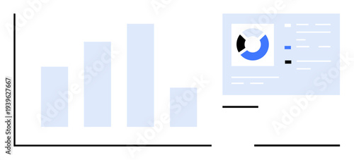 Data analysis concept. Data analysis through bar and pie charts, enhancing business insights. Data analysis supporting decision-making and tracking performance. For finance, marketing, reports