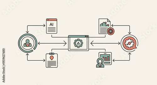 Digital workflow process illustration showcasing technology integration and productivity tools in a modern office setting from a top-down viewpoint
