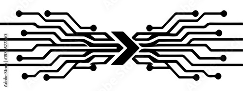Abstract technology illustration featuring black circuit-board traces the design is symmetrical and horizontal, Flat vector style, high contrast, no gradients, no text.