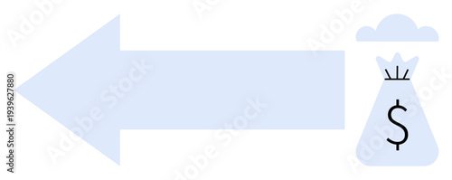 Left arrow aimed at a money bag with a dollar sign and a cloud above, highlighting financial concepts and cash flow. Ideal for finance, banking, savings, investments, budgeting, economics, and wealth