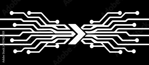 Abstract technology illustration featuring black circuit-board traces the design is symmetrical and horizontal, Flat vector style, high contrast, no gradients, no text.