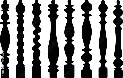 Decorative set of black silhouettes featuring various classic wooden baluster shapes and stair spindles for interior architecture and home renovation design
