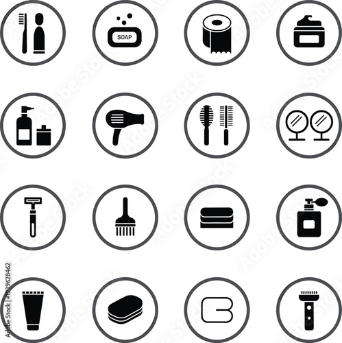 bathroom hygiene icons set, personal care tools collection, grooming accessories symbols, daily hygiene essentials pack flat vector illustration