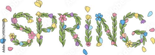 Vibrant spring flowers blooming in colorful floral letters