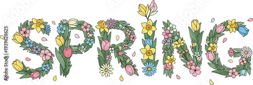 Vibrant spring flowers forming the word spring