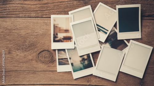 Vintage Polaroid Frames on a Rustic Wooden Table with Soft Ambient Light Creating an Inviting Mood