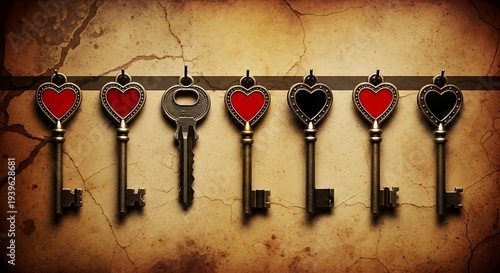 A set of antique keys with heart shaped handles hanging on a rusty metal rod on a cracked stone wall