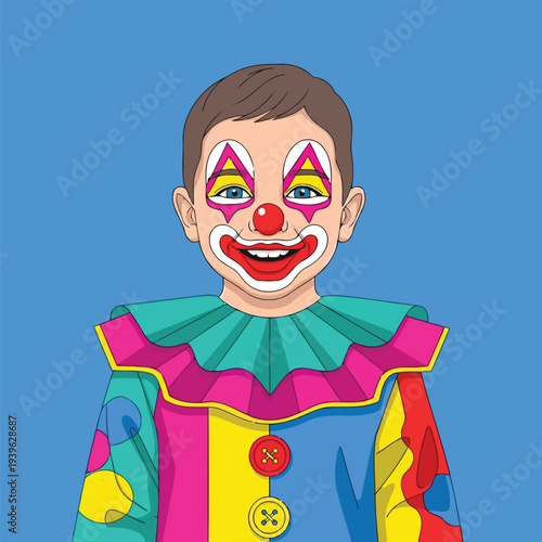 Colorful Vector Portrait of Cheerful Boy in Clown Makeup